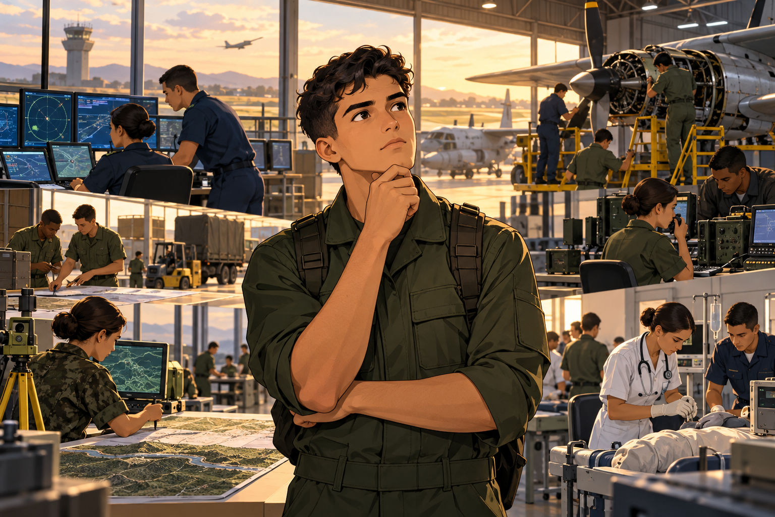Estudantes diversos observam diferentes áreas técnicas da Aeronáutica em um hangar.