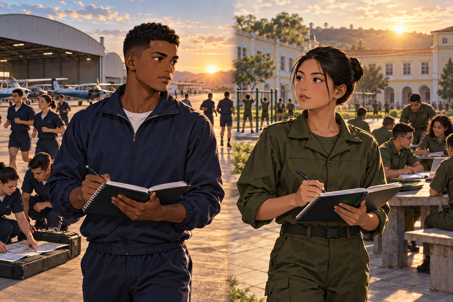 Um aluno negro e uma aluna brasileira de ascendência asiática observam juntos caminhos da Aeronáutica e do Exército.